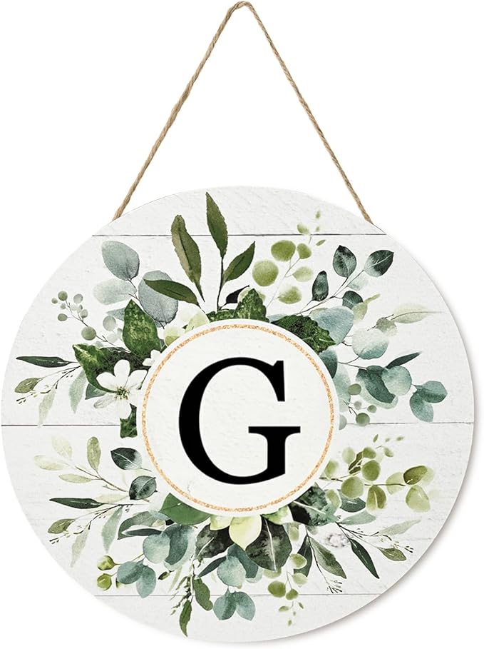 Smile Monogram Letter G Wreaths Wooden Welcome Sign, Family Last Name Initial Front Door Wall Decoration, Floral Spring Summer Porch Rustic Home Kitchen Decor