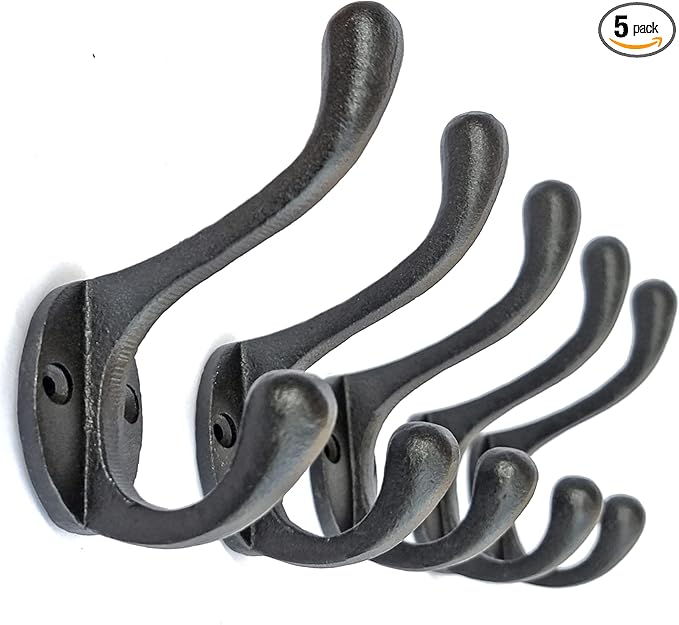 Ambipolar 5 Pack Decorative Cast Iron Heavy Duty Double Hooks, Wall Mounted Coat Hooks, Vintage Inspired (Antique Black) (Cornish Hook)