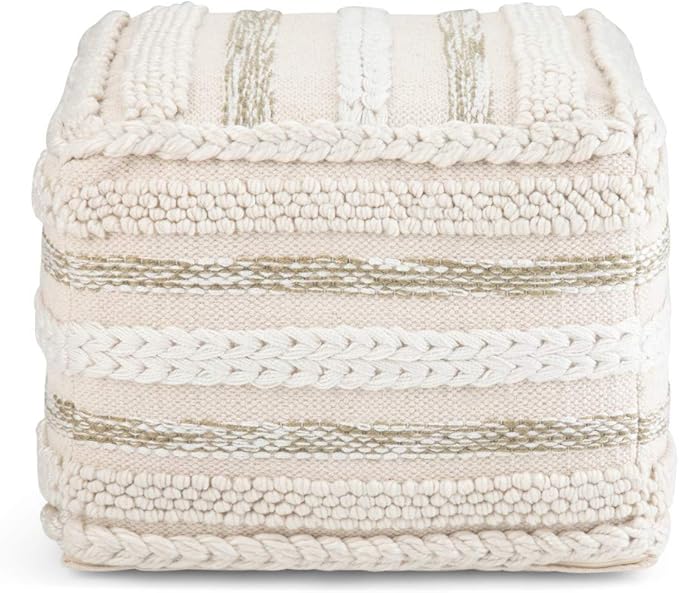 SIMPLIHOME Sommer Square Pouf - 18 inch Wide Upholstered Handloom Woven Cotton Ottoman in Natural, Boho-Style Footstool, Extra Seating or Accent Piece for Living Room or Bedroom, Assembled