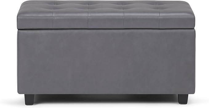 SIMPLIHOME Cosmopolitan Storage Ottoman - 34 inch Wide Upholstered Vegan Leather Rectangle Storage Ottoman Bench in Stone Grey, Transitional Tufted Ottoman for Living Room or Entryway with Lift-Up Lid