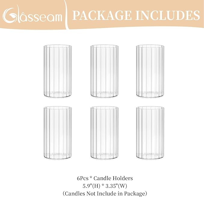 Glasseam Hurricane Glass Candle Holders: 6 Pcs Clear Candle Holders for Pillar Candles Ribbed Modern Candle Holder Decorative Cylinder Vases for Centerpiece Wedding Table Decoration 5.91’’