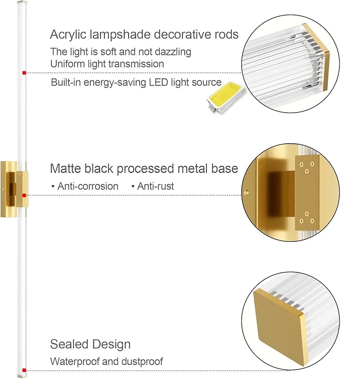 Ralbay 59inch Gold Vanity Light for Bathroom Lighting Bar 42W Gold Bathroom Wall Mounted Lighting Fixtures Over Long Mirror(5500K White Light)