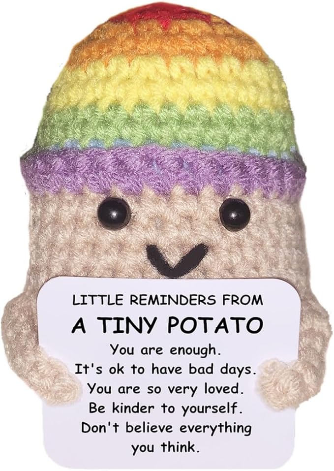 Funny Knitted Wool Doll Toy with Positive Card, Creative Cute Mini Crochet Positive Potato Dolls Cheer Up Gift for Family Kids Friends Encouragement Decoration (A- Little Reminder from Potato)