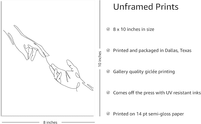 Y2K BOO Minimalist Reaching Hands UNFRAMED Wall Art Continuous Line Drawing Connection Symbol 8x10 Inch Heavyweight Paper Modern Studio Home Decor