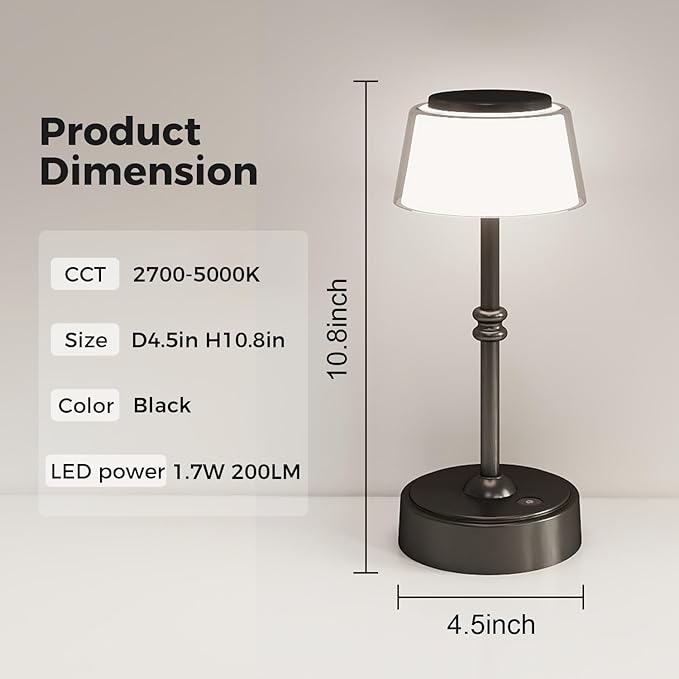 LED Cordless Lamp, 5 Colors Stepless Dimming Table Lamp, Built-in 4400mAh Rechargeable Battery with USB Charging Port, Portable Touch Bedside Light for Patio, Restaurant, Dining(1, Black)