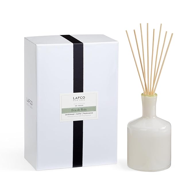 LAFCO New York Signature Reed Diffuser, Feu de Bois - 15 oz - Up to 9 Months Fragrance Life - Reusable, Hand Blown Glass Vessel - Natural Wood Reeds - Made in The USA