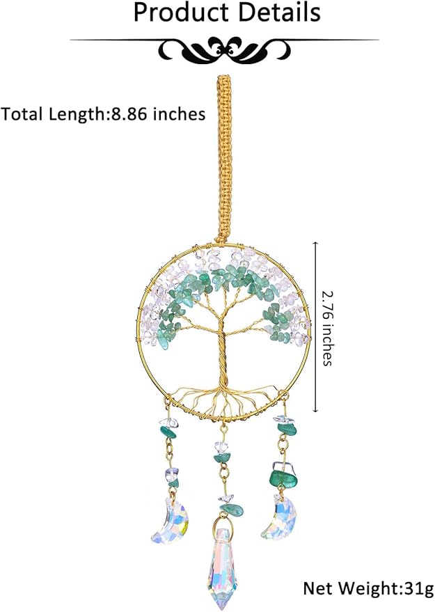 CrystalTears Crystal Tree Life Hanging Ornament Handmade Green Aventurine Clear Quartz Healing Crystal Gemstone Glass Suncatcher for Home Window Wall Decoration Crystal Gifts for Women Men Friends