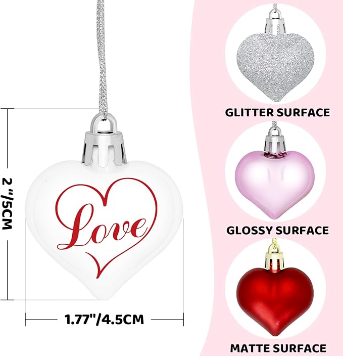 48 Pieces Valentine Heart Baubles Ornaments Valentine's Day Heart Shaped Ornaments for Decoration or Wedding Anniversary Party Supplies, 4 Colors in 8 Styles