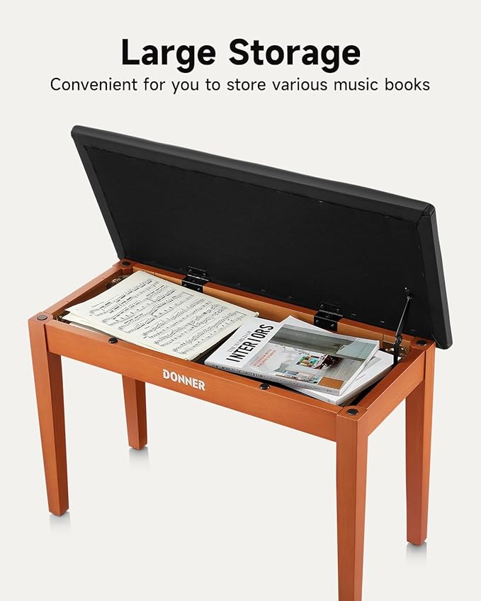 Donner Duet Piano Bench with Storage, Solid Wooden Keyboard Bench Piano Bookcase Stool Chair Seat with High-Density Sponges Padded Cushion, Wood Finish Color