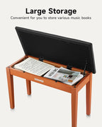 Donner Duet Piano Bench with Storage, Solid Wooden Keyboard Bench Piano Bookcase Stool Chair Seat with High-Density Sponges Padded Cushion, Wood Finish Color