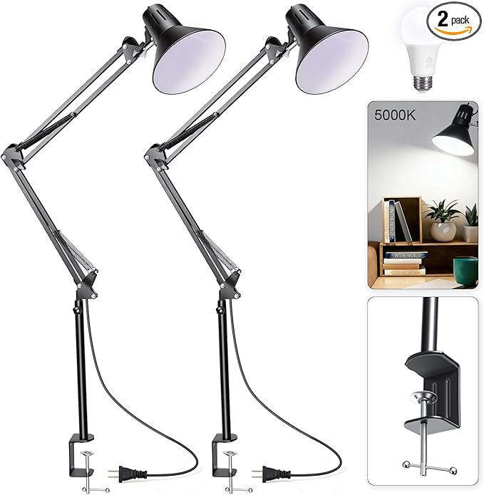 2 Pack LED Desk Lamp With Clamp for Office Home, Eye-Caring Desk Light with 360°Adjustable Extra Tall Metal Swing Arm, High Intensity Clamp w/A19 E26 Bulb for Working Reading, Table Lamps White Light