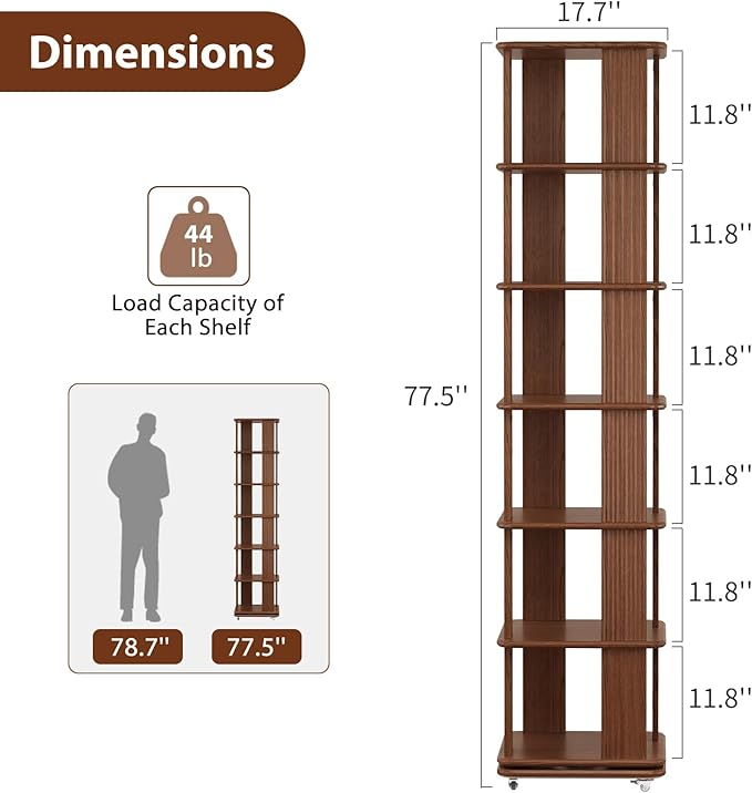 Solid Wood Rotating Bookshelf, 6-Tier Rolling Book Shelf，360 Degree Revolving Bookcase，Spinning Bookshelf Tower for Small Spaces, Corner, Bedroom，Office，Living Room，Classroom （Walnut）
