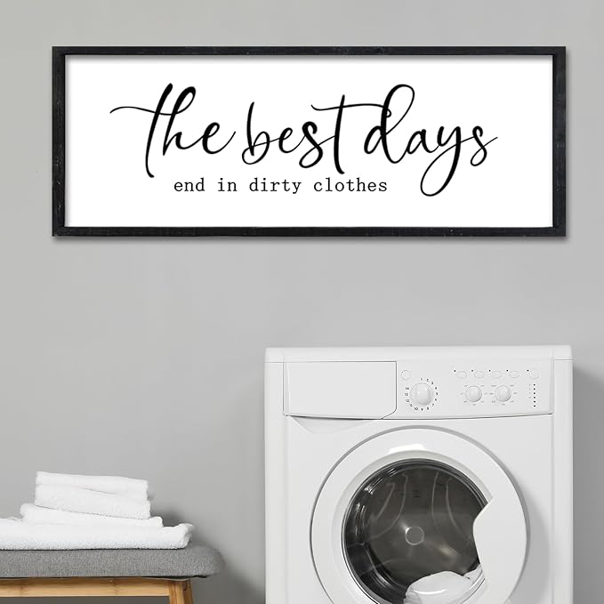 Surfapans Laundry Room Wall Decor The Best Days End In Dirtiest Clothes Sign 32"×12" Funny Rustic Farmhouse above the Bathtub Large Modern Wood Framed Plaque Wall Art Hanging (Black)