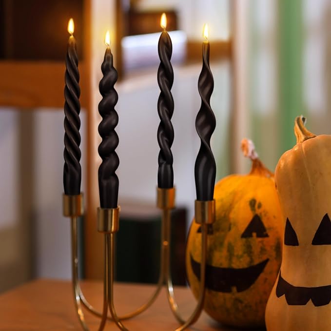 Nuanchu 4 Pcs 7.87 Inch Twisted Taper Candles Wax Unscented Smokeless Spiral Swirl Candlesticks for Wedding Holiday Dinner Party Home Decorations (Halloween Black)