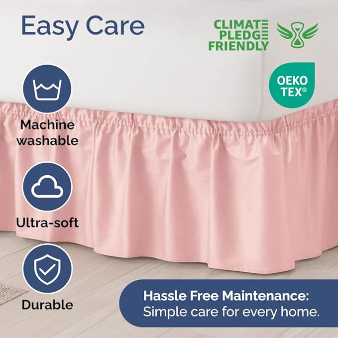 Wrap Around Dust Ruffle Bed Skirt - Baby Pink - King Size Beds w/ 15 Inch Drop - Easy Fit Elastic Strap - Adjustable Pleated Bedskirt w/Brushed Fabric - Wrinkle Free - Women, Men, Kids & Teens