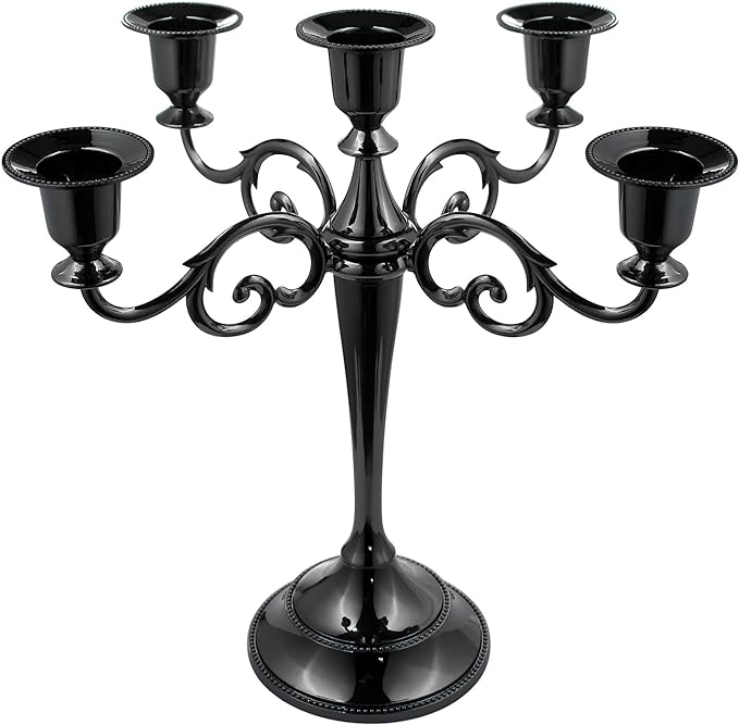 5-Candle Metal Candelabra 10.2 Inch Tall Candlestick Candle Holders for Home Decor Wedding Christmas Church Halloween Party, Black