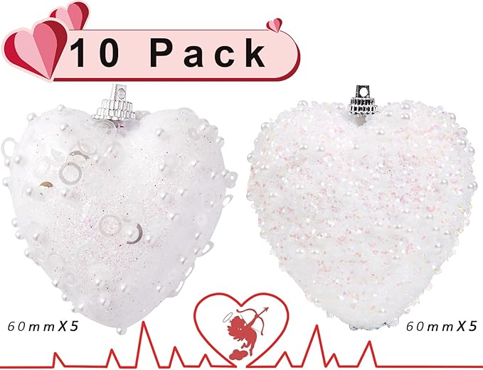White Valentine's Day Heart Ornaments 10Pcs Glitter Sequin Heart Shaped Baubles Decoration Valentines Pearl Foam Hanging Decor(2.36in)