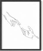 Minimalist Reaching Hands Wall Art Continuous Line Drawing Connection Symbol 16x20 Inch Oak Wood Black Framed Aesthetic Modern Decor Print for Bedroom Living Room