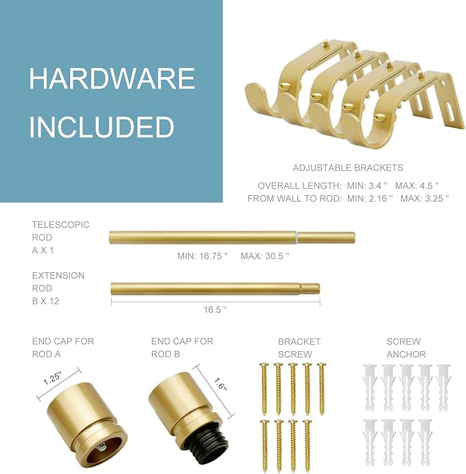 Curtain Rods for Windows 16 to 200 Inches Adjustable Length 1 Inch Diameter Window Curtain Rod with Aluminium Finials, Flash Gold