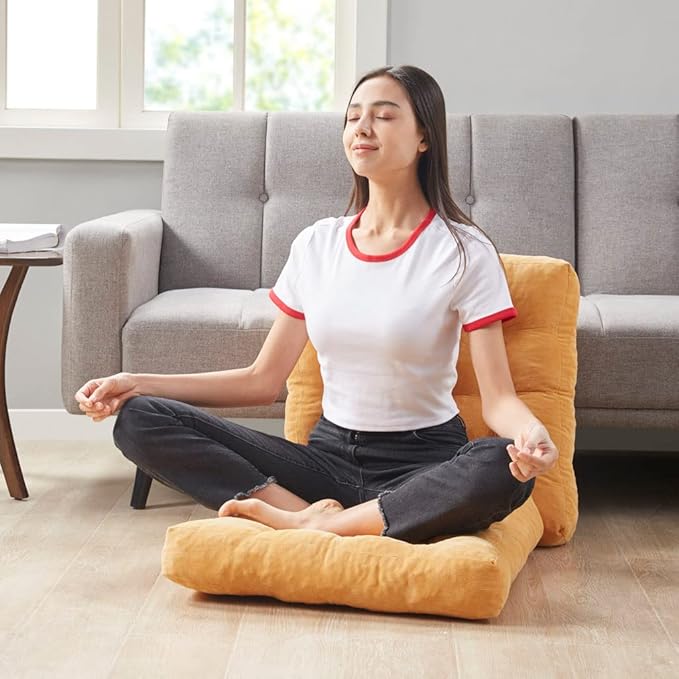 Degrees of Comfort Meditation Floor Pillow, Square Large Pillows Seating for Adults, Tufted Corduroy Cushion for Living Room Tatami, Orange Yellow 22x22 Inch