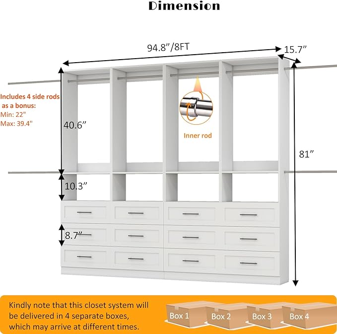 Dilando Closet System with Drawers, 8FT Wood Closet Organizer System Walk-in Closet Standalone Corner Closets Storage with Hanging Rods, White (8FT)