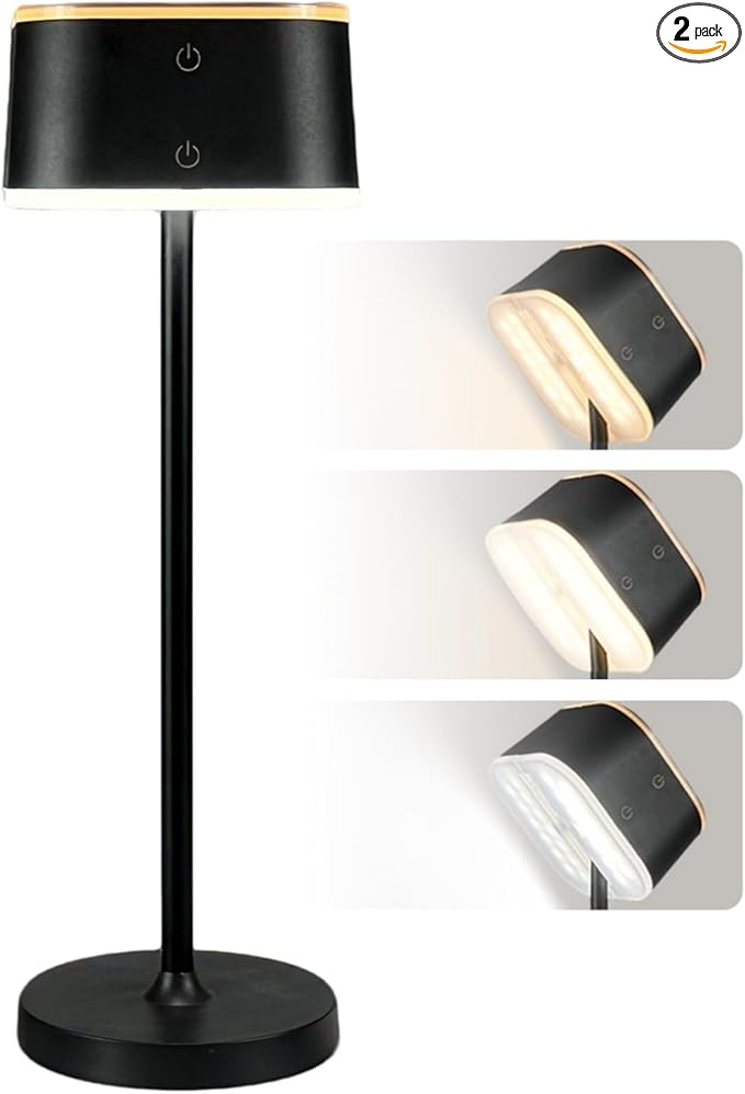 2 Pack Dual-Tone Rechargeable Cordless Desk Lamp – Black Portable Table Light, Type-C Charging Table lamp, Touch Control, 3 Color Temps, Stepless Dimming for Reading Study Bedside