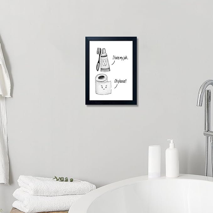 Kids Bathroom Wall Decor Framed Black and White Bathroom Print Funny Toliet Paper and Toothbrush Picture Artwork for Children's Bathroom