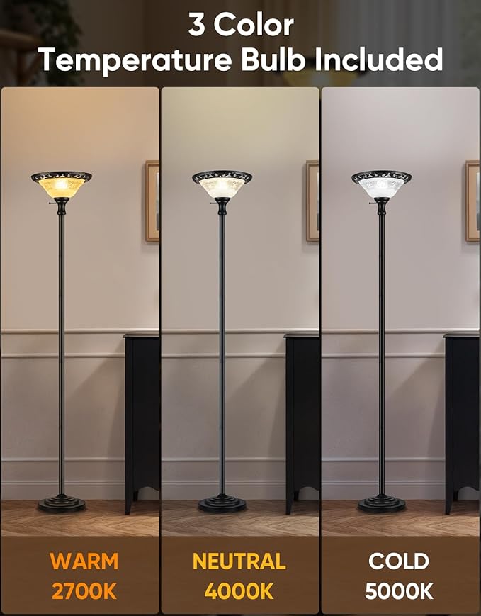 PARTPHONER Torchiere Floor Lamps for Living Room, 71" Tall Standing Lamp with Thick Glass Shade, Metal Pole & Heavy Base, Vintage Corner Lamp Decor for Home Bedroom Office, 3CCT Bulb Included