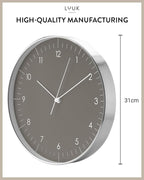 LUUK LIFESTYLE Silent Quartz Wall Clock, Nordic and Minimalist Design, Interior Decoration for Living Room, Kitchen, Bedroom, Dark Grey and Silver