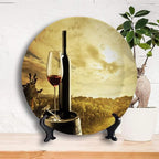 Ceramic Plates, Wine Decorative Ceramic Plates, Red Wine Bottle and Glass on Wooden Barrel, 10 Inch, for Dining, Parties, Wedding, Light Coffee Green Black
