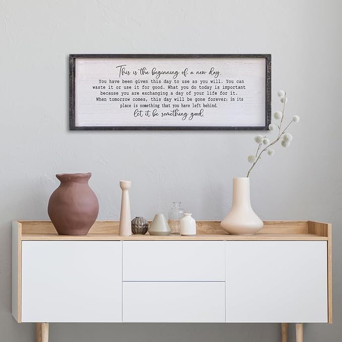Surfapans This Is The Beginning Of A New Day Wall Decor 32"x12" Modren Large Farmhouse Living Room Inspirational Wood Framed Art Sign Office Home Inspiring Positive Quote Family Decoration (Black)