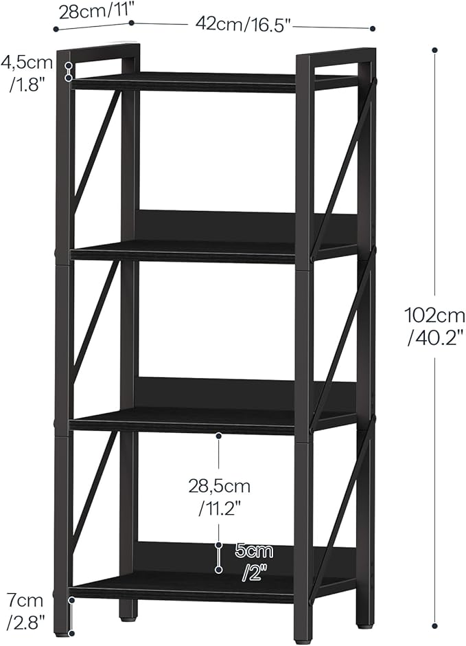 HOOBRO Bookshelf, 4-Tier Industrial Bookcase, Book Shelf Storage Organizer, Small Bookshelf with Metal Frame for Living Room, Bedroom, Home Office, Kitchen, Black BB40SJ01