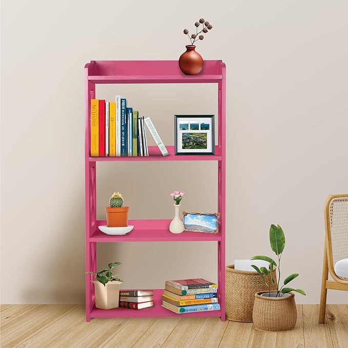 Pink Bookcase by Natural Wood, 4 Tier Bookshelf, Small Book Shelves Freestanding Display Storage Shelves. Open Bookshelf for Bedroom, Living Room and Office (Pink, 4 Tier)