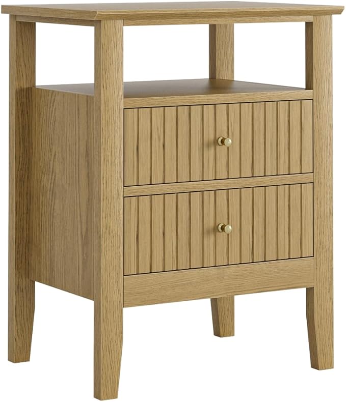 Fluted Nightstand, Farmhouse Night Stand with 2 Drawers, Mid Century Modern Side Accent Table,Bedside End Table for Bedroom, Living Room, Yellow Oak