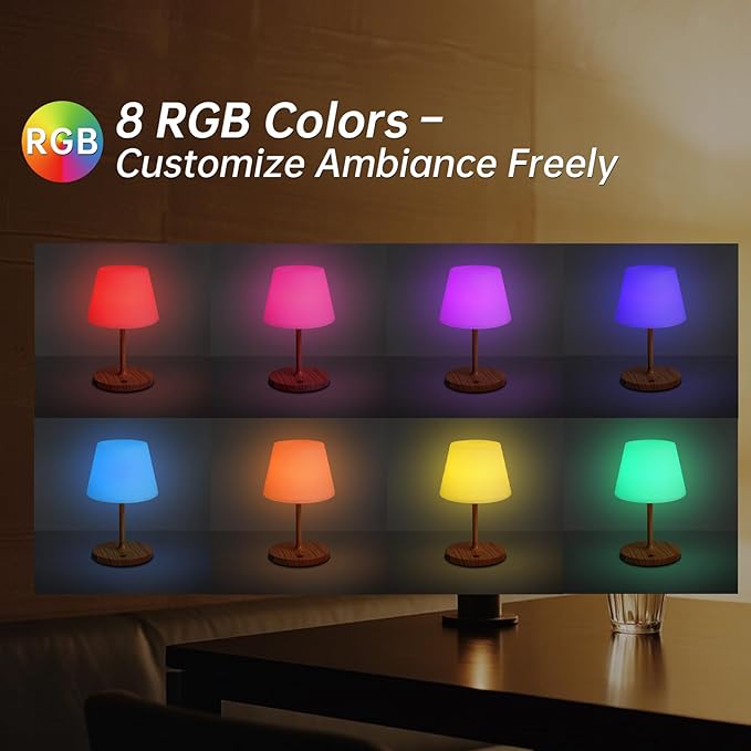 Waterproof Rechargeable Table Lamp - Portable Cordless Desk Lamp with 8 RGB Colors,4000mAh Outdoor Stepless Dimmable LED Night Light for Bedroom, Living Room,Camping Restaurant,Office (Wood Grain)