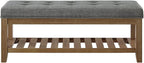 24KF Large Rectangular Upholstered Tufted Linen Fabric Ottoman Bench, Padded Bench with Solid Wood Shelf-Granite