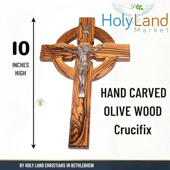 Holy Land Market 10" Celtic Olive Wood Wall Crucifix – Handmade in Bethlehem with Metal Saint Benedict Medal (Front & Back), Certificate, Prayer Card & Medal Explanation – Solid Olive Wood Cross