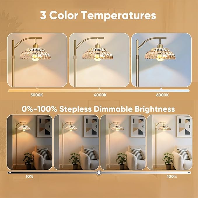 Floor Lamp with Amber Glass Shade, Dimmable Standing Lamp with Remote, Gold Floor Lamp for Living Room,Bedroom, Mid Century Tall Lamp with 12W LED Bulb