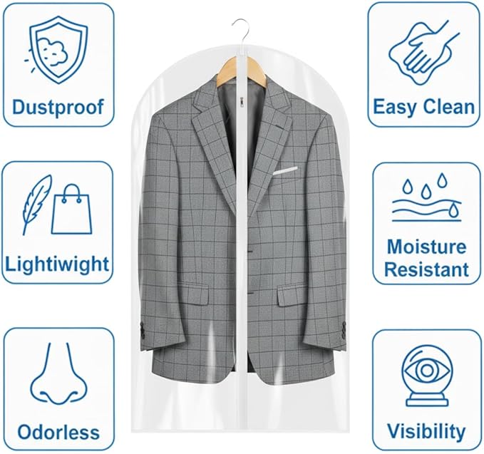 40” All Clear Garment Bags for Travel - PEVA Waterproof Suit Cover with Zipper for Hanging Clothes, Dresses, Coats - Durable Dresser for Closet Storage, Dustproof & Moisture Resistant - 40''/2 Pack