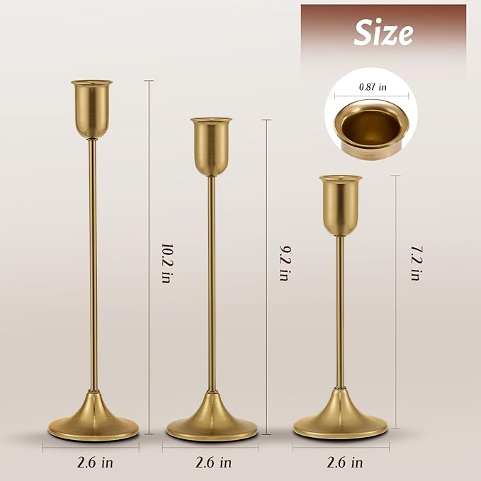 Candlestick Holders, Taper Candle Holders Set of 3, Gold Vintage Candle Sticks Holder Decor for Table Centerpiece, Fireplace Mantel, Weddings, Housewarming & Christmas Décor