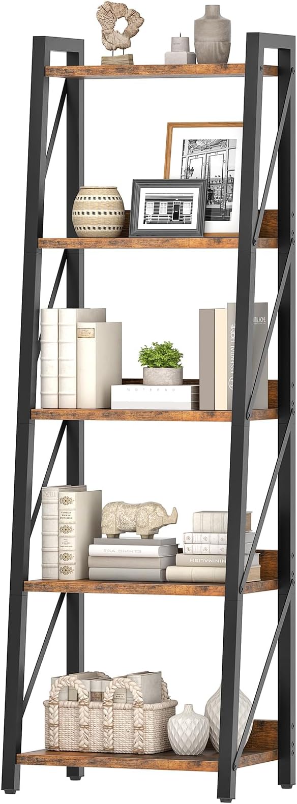 HOOBRO Ladder Shelf, 5-Tier Bookshelf, Corner Bookcase, Freestanding Storage Shelf Display Organizer, for Living Room, Bedroom, Home Office, Kitchen, Rustic Brown and Black BF305CJ01