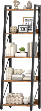 HOOBRO Ladder Shelf, 5-Tier Bookshelf, Corner Bookcase, Freestanding Storage Shelf Display Organizer, for Living Room, Bedroom, Home Office, Kitchen, Rustic Brown and Black BF305CJ01