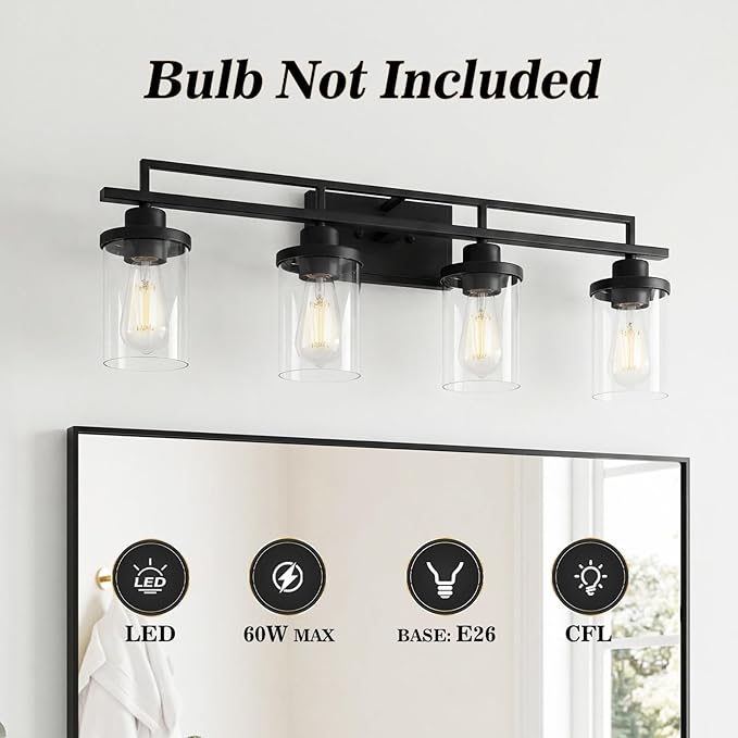 Emliviar 4 Light Vanity Lights Over Mirror with Clear Glass, 29.3" Matte Black Bathroom Vanity Lighting for Living Room, YCE238B-4W BK