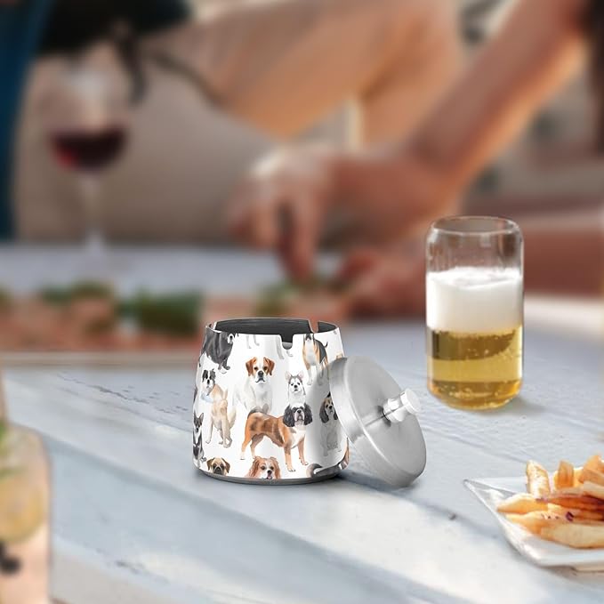 Dog Breeds Ashtray with Lid, Outdoor Ashtrays for Patio, Stainless Steel Ashtray Odorless Smokeless for Home Office Balcony