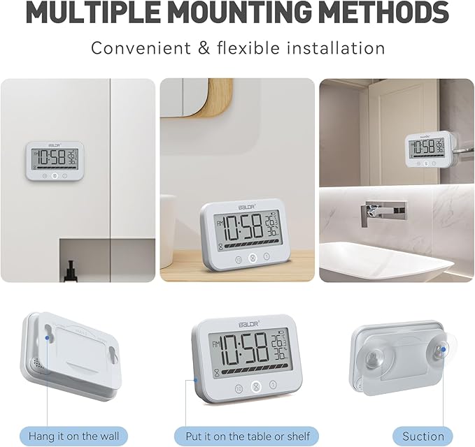 Digital LCD Waterproof Timer Shower Clock, Waterproof for Water Spray, Bathroom Clock Wall Mount, Two Suction Cup, Displays Time, Temperature, and Indoor Relative Humidity (1, White)
