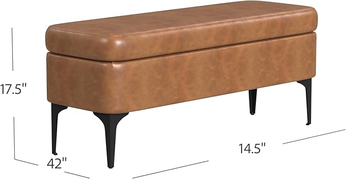 HomePop Upholstered Storage Bench with Metal Leg, 42" W, Carmel Faux Leather