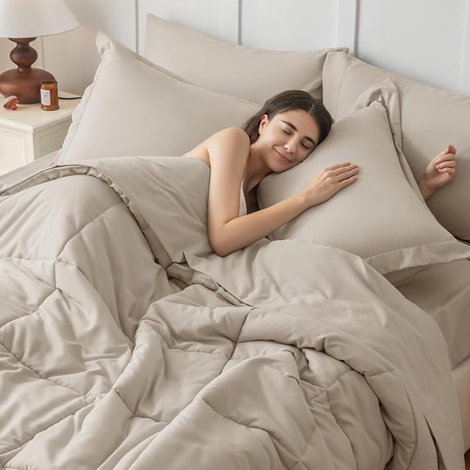 JOLLYVOGUE California King Comforter Set, Ultra-Soft Bed in a Bag Cal King Size 7 Pieces, Oeko-TEX Certified Bedding Set with Down Alternative Comforter, Sheets, Pillowcases & Shams, Oatmeal