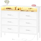 BOLUO White Dresser with LED Light and Charging Station for Bedroom 6 Drawer Dresser with USB Outlet, Fabric Dressers & Chests of Drawers Modern
