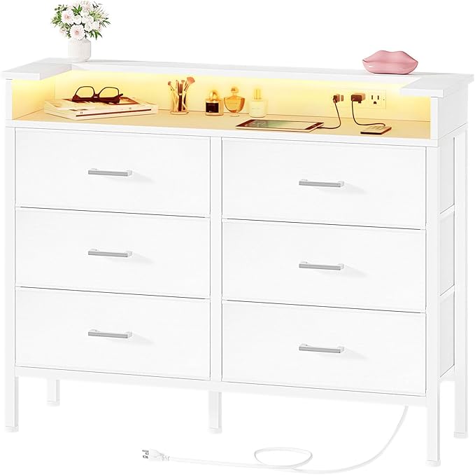 BOLUO White Dresser with LED Light and Charging Station for Bedroom 6 Drawer Dresser with USB Outlet, Fabric Dressers & Chests of Drawers Modern
