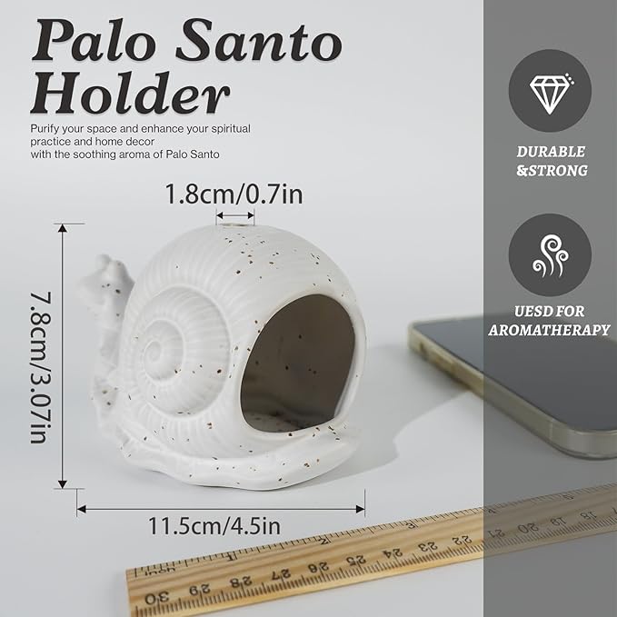 White Ceramic Snail Palo Santo Holder & Modern Chiminea Incense Burner - Elegant Cone Burner for Palo Santo Sticks & Sage - Perfect for Energy Cleansing, Yoga, Meditation, Zen Decor, Altar